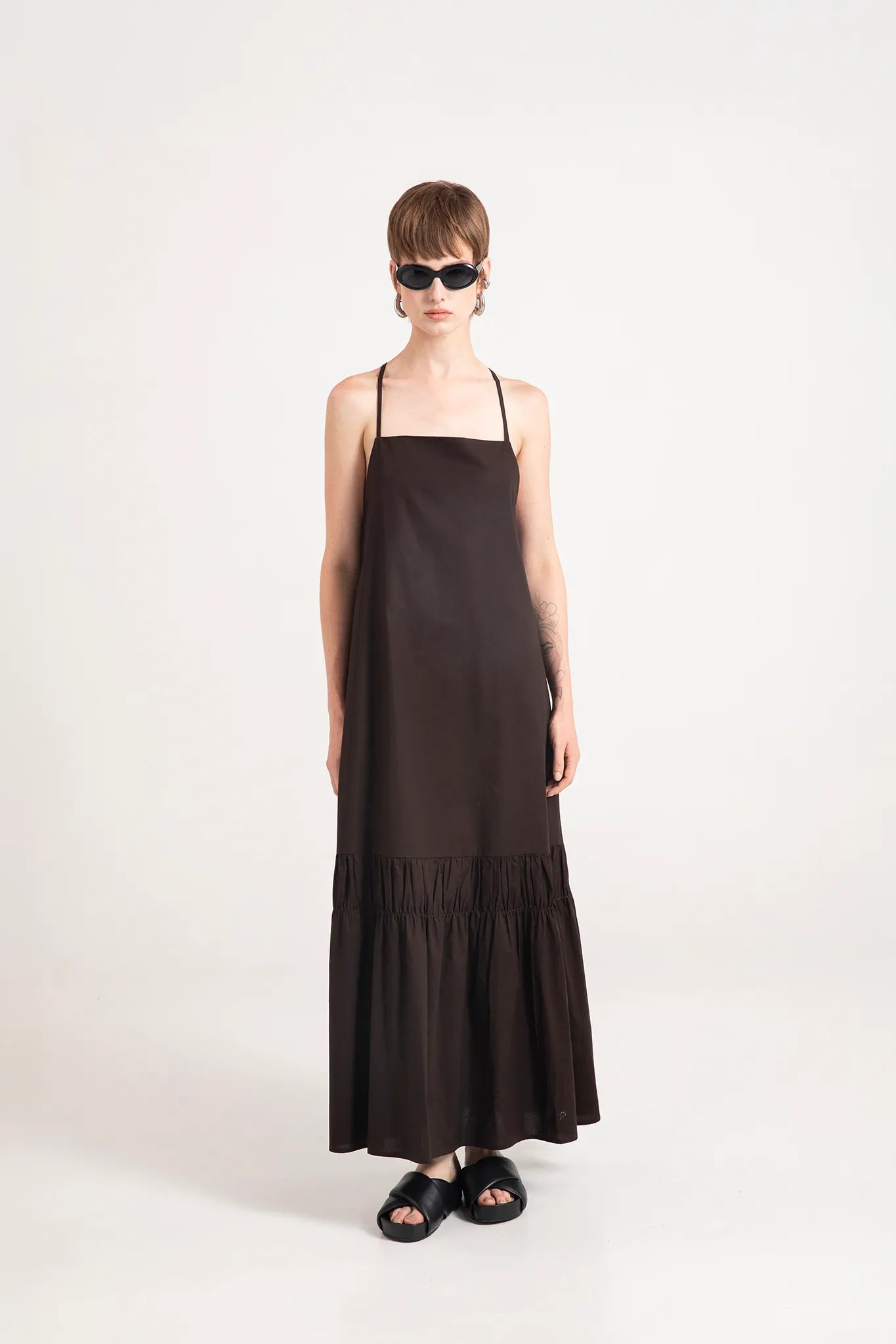 Abito lungo in popeline con spalline incrociate - Eufonia