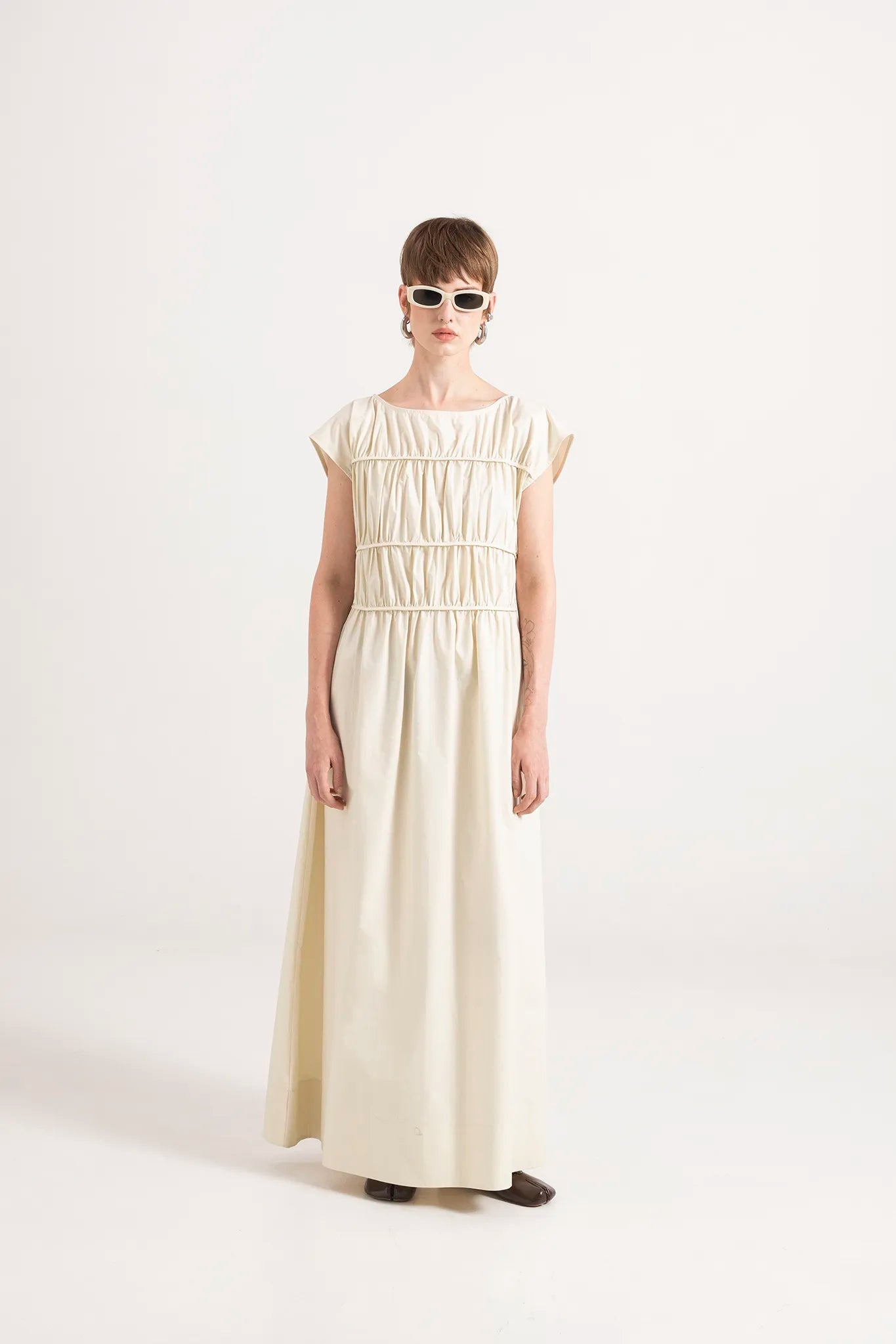 Abito lungo in popeline di cotone con arricci - Eufonia