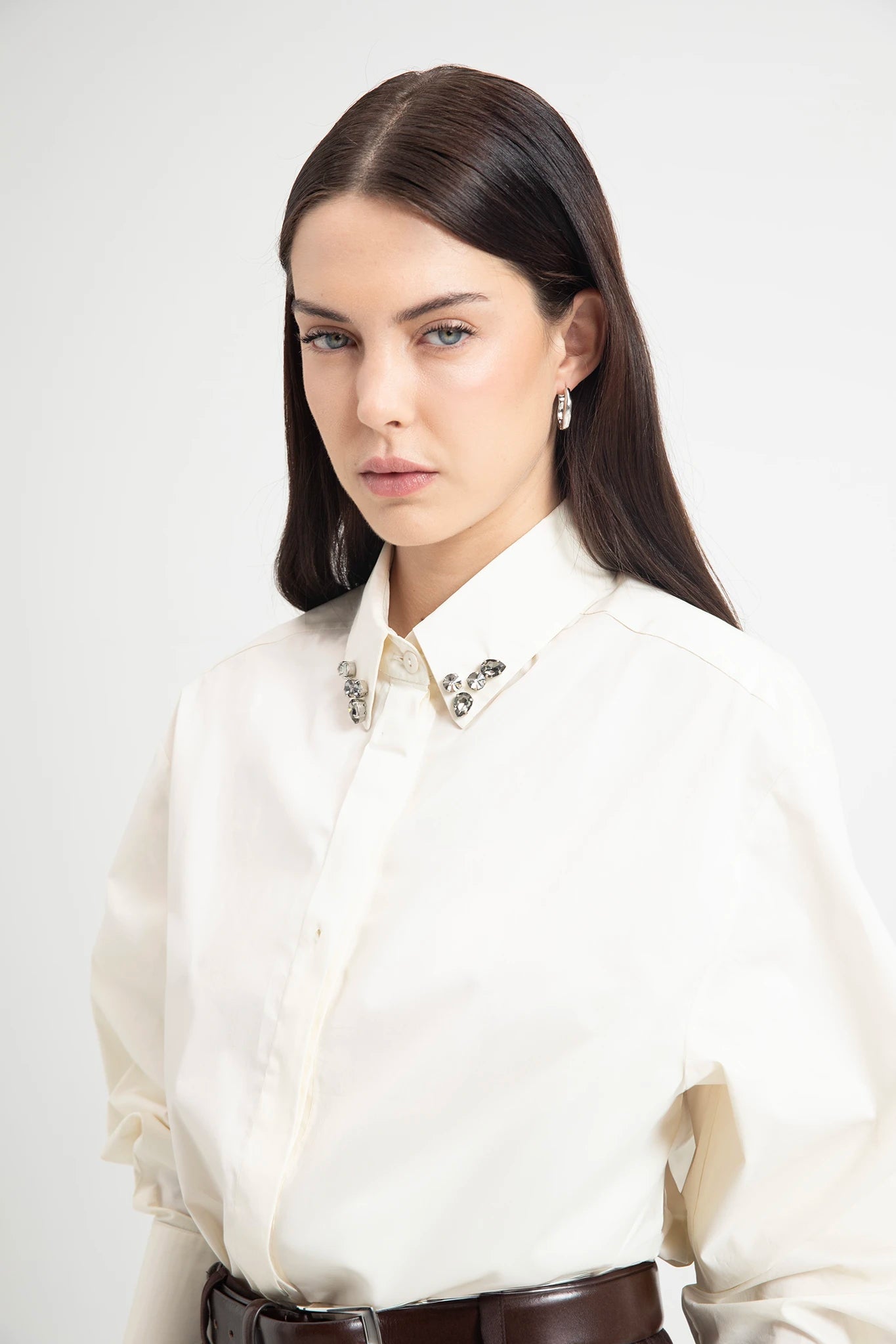 Camicia in cotone con cabochon sul colletto - Eufonia