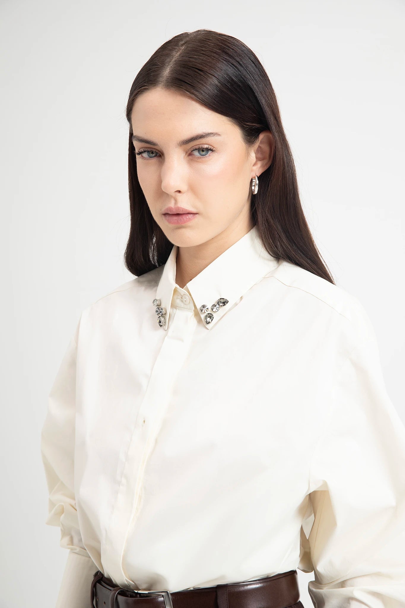 Camicia in cotone con cabochon sul colletto - Eufonia