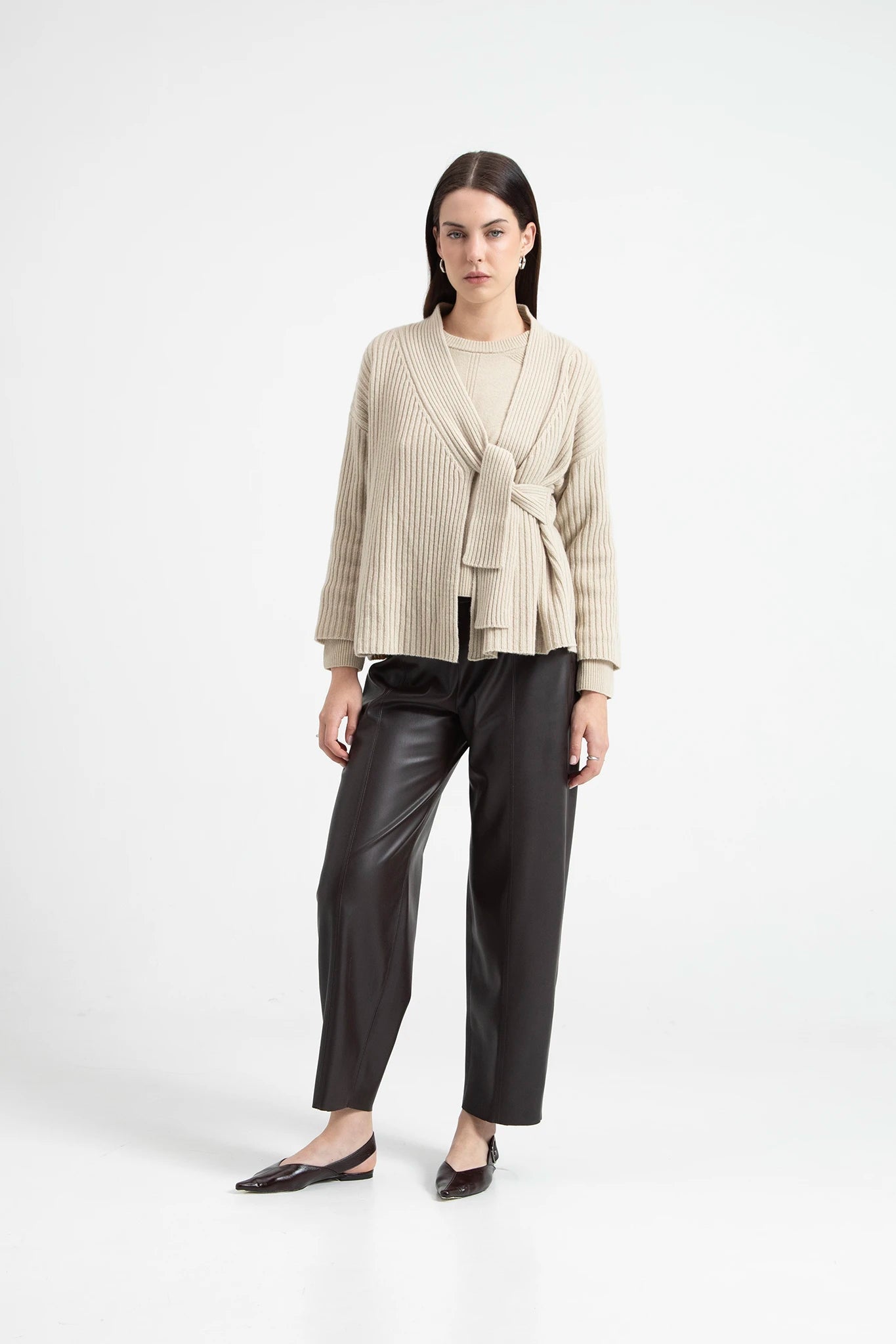 Cardigan a coste in lana e cashmere con laccio - Eufonia