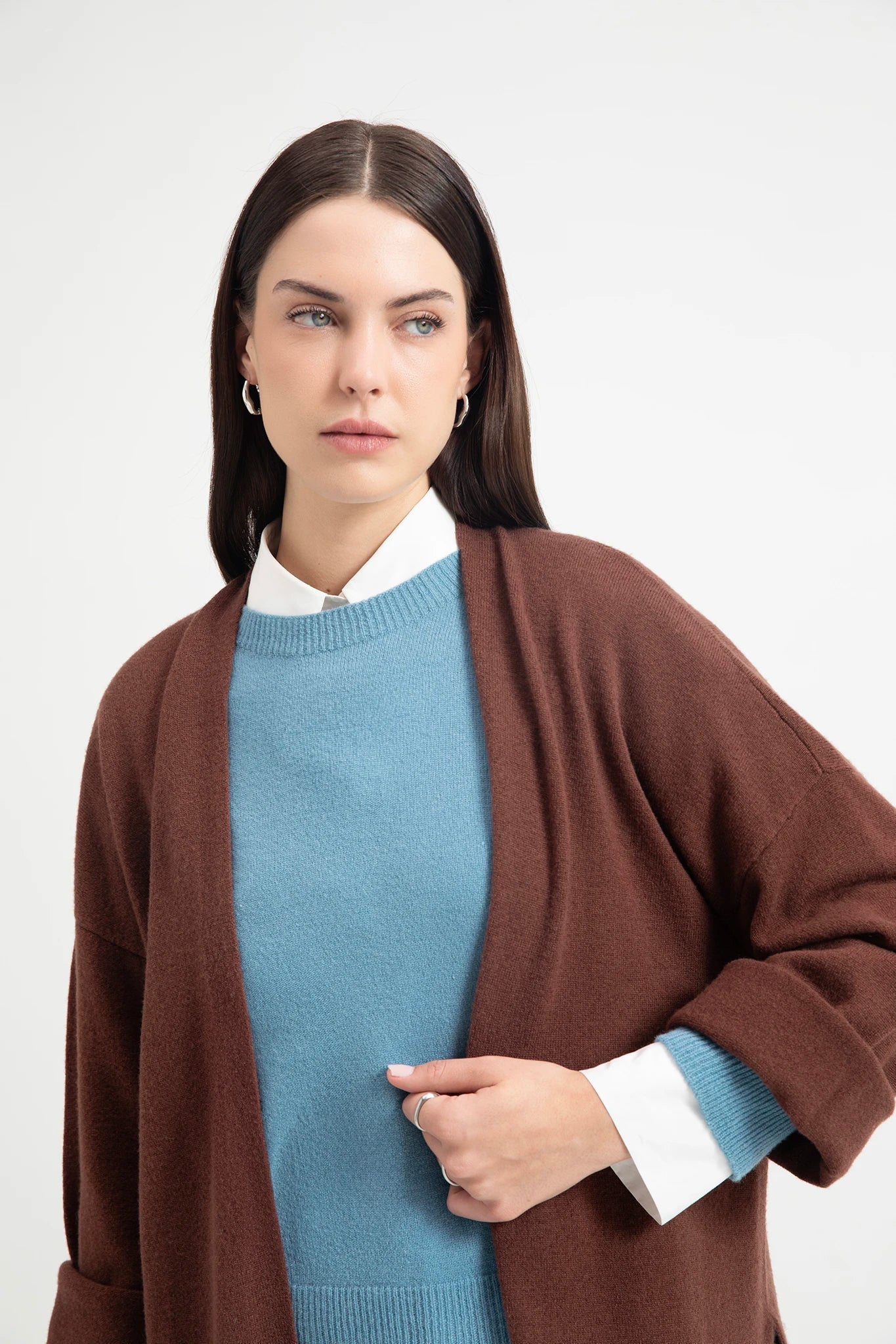 Cardigan lungo aperto in maglia rasata color ruggine - Eufonia