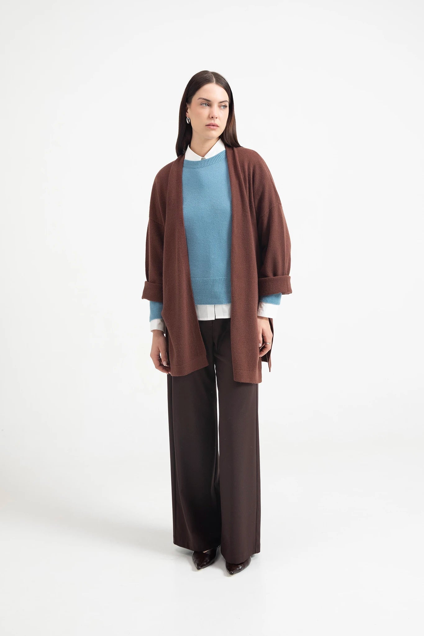 Cardigan lungo aperto in maglia rasata color ruggine - Eufonia