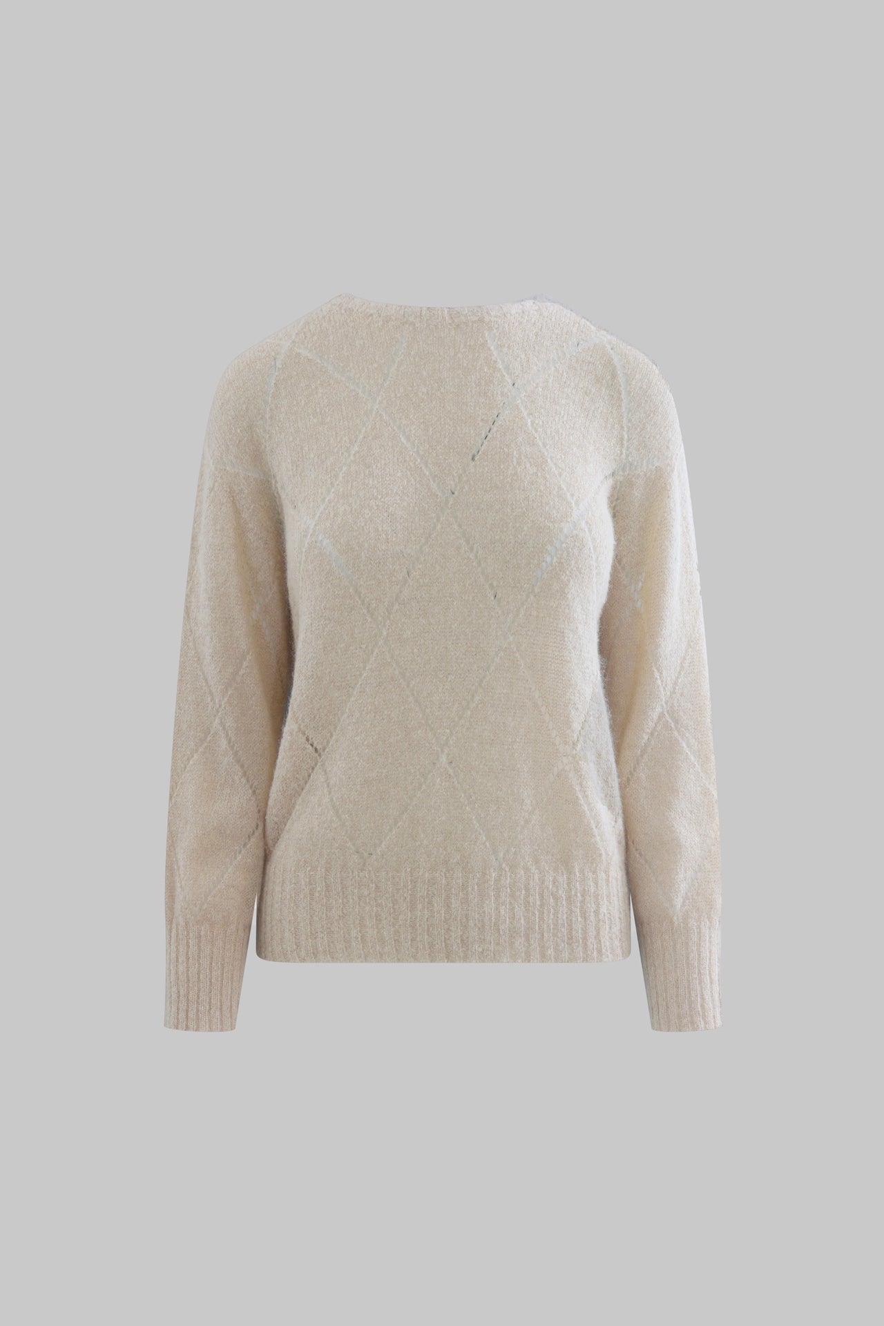 Maglia girocollo in alpaca baby suri traforata a rombi colore sesamo - Eufonia