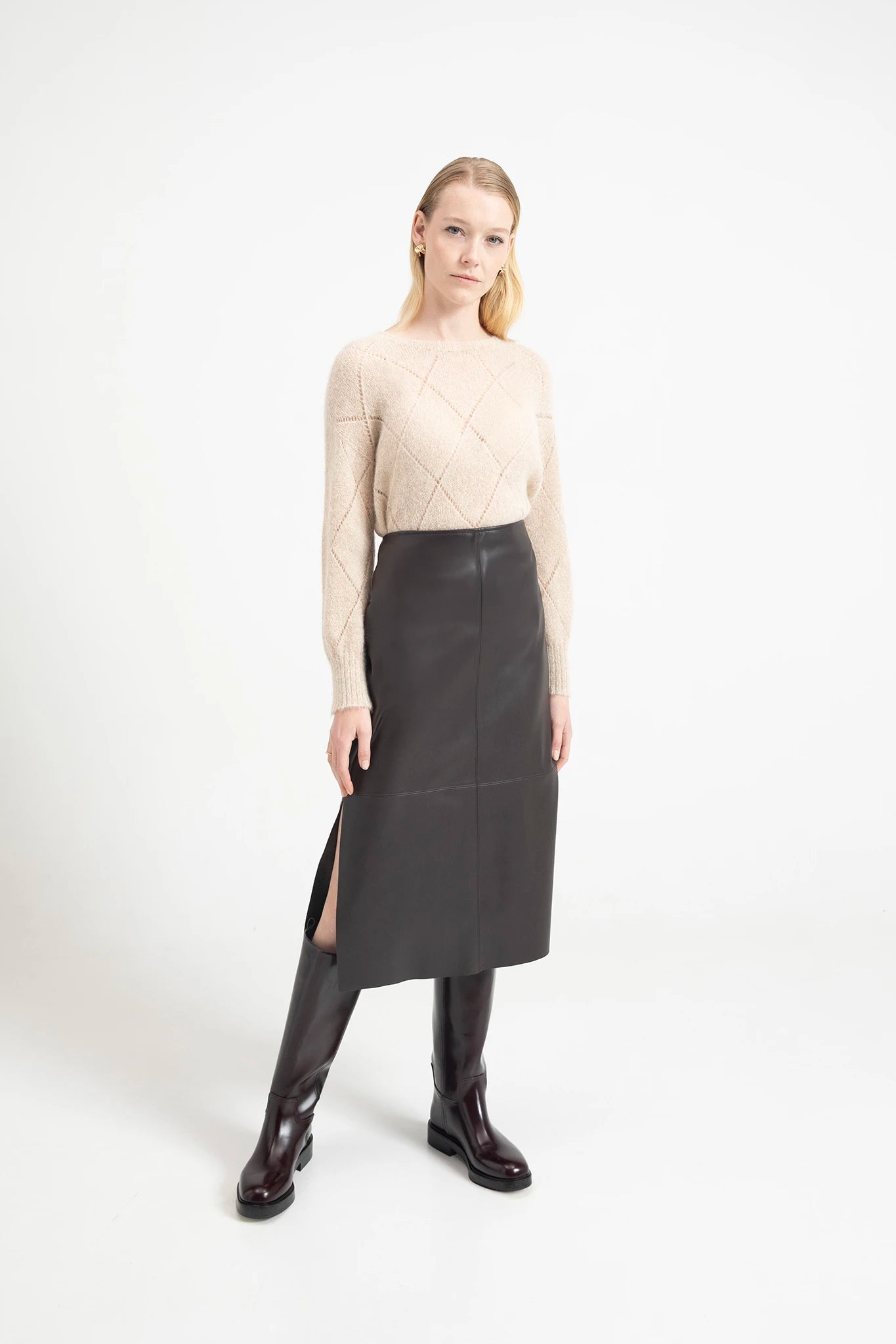 Maglia girocollo in alpaca superfine traforata a rombi colore sesamo - Eufonia