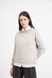 Maglia girocollo in lana e cashmere a coste larghe colore tortora - Eufonia
