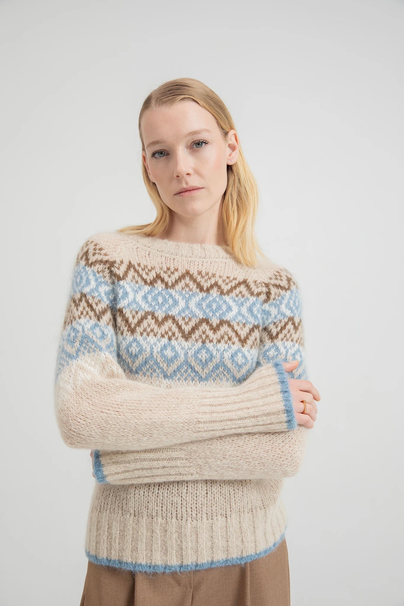 Maglia girocollo jacquard in lana e mohair con motivo norvegese - Eufonia
