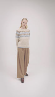 Jacquard crew neck sweater in baby suri alpaca and mohair with Norwegian motif