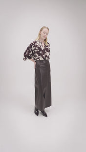 Printed viscose blouse with mandarin collar and long sleeves